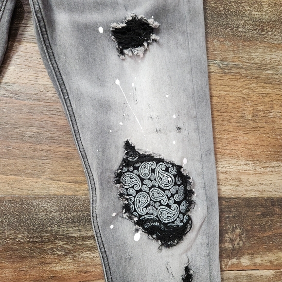 KDNK Destroyed Gray Denim Black Threading Bandana Patch Accent Design - Picture 5 of 8